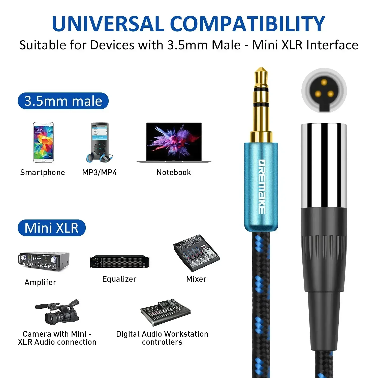 DREMAKE 3-Pin Mini XLR to Jack 3.5mm Plug Stereo Audio 1/8\