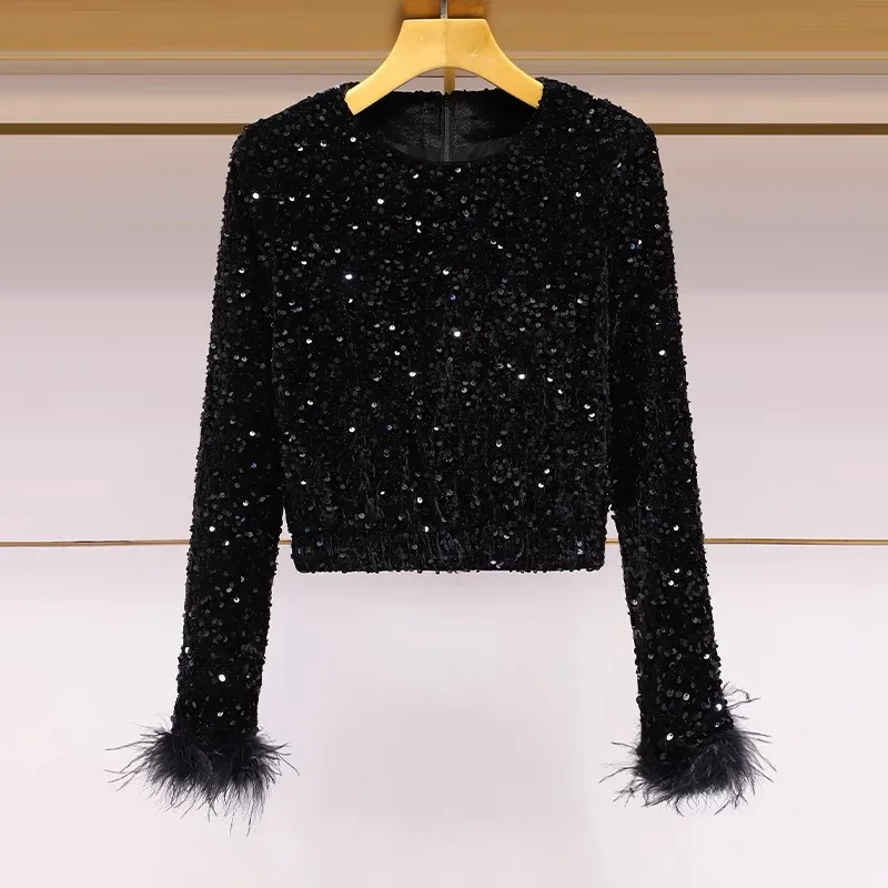 

High Quality Sequins Women's Wear Autumn And Winter New Feather Patchwork Long Sleeved Round Neck Black Short T-Shirt