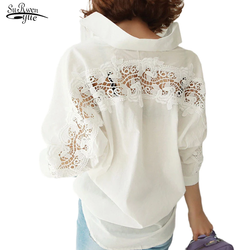 Fashion Elegant Women Tops Shirt Autumn Backless Sexy Hollow Out Lace Blouse Ladies Casual Loose Office White Blouse Women 1310