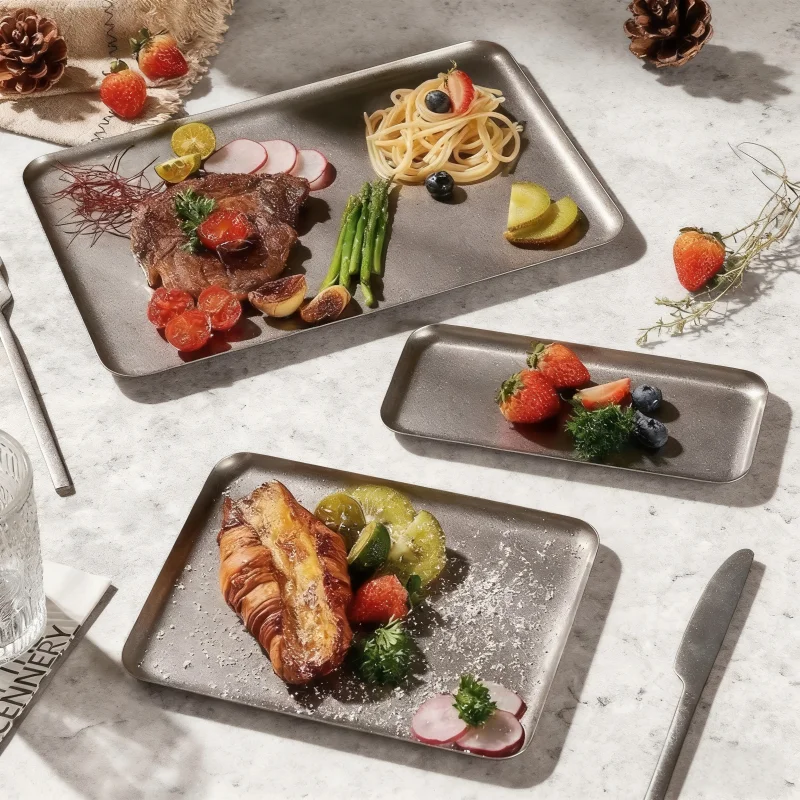 Bandeja cuadrada de acero inoxidable con bordes rectos, plato para carne, plato de postre, bandeja para barbacoa, bandejas decorativas, juegos de platos para servir pratos