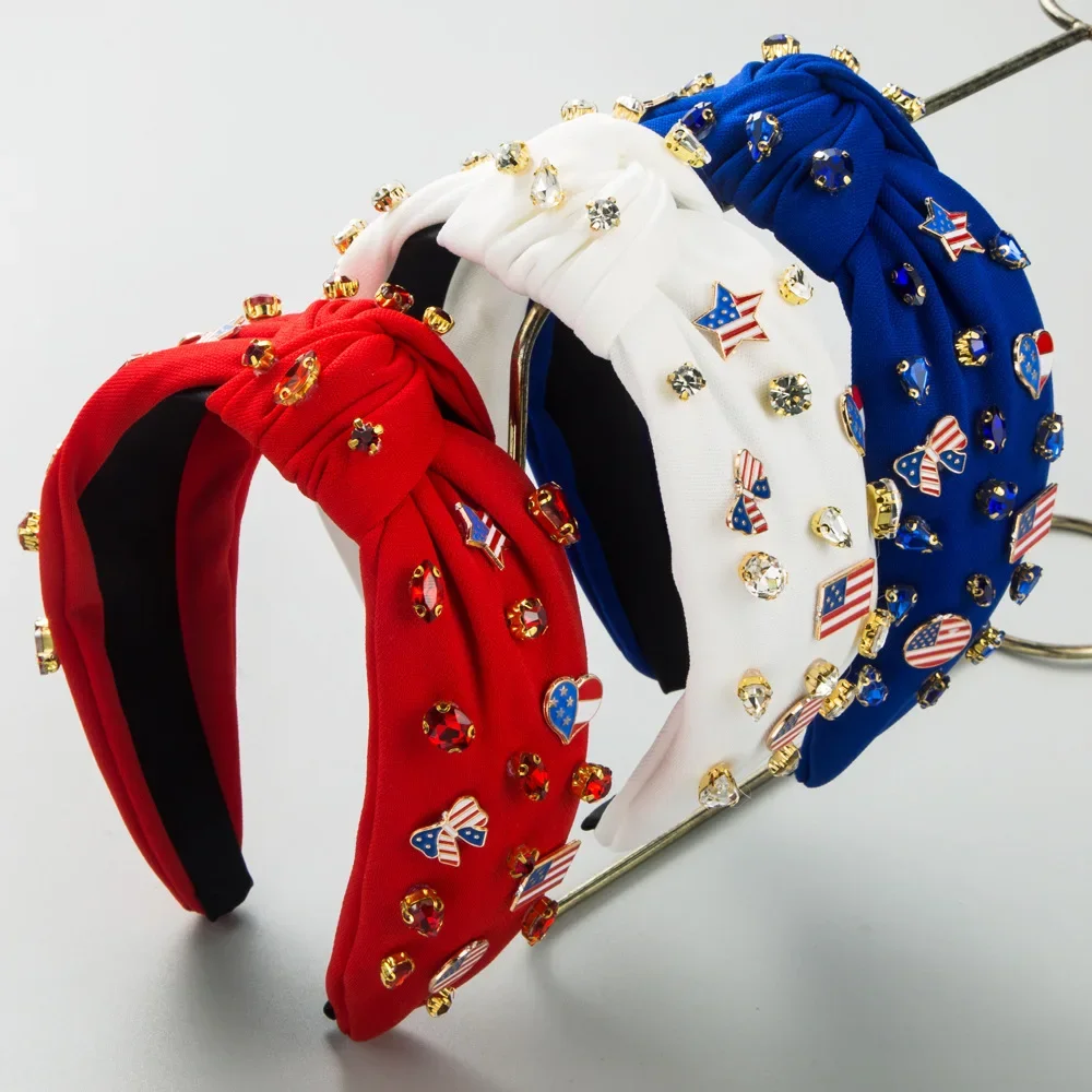 

New Creative Red, White and Blue Flag Series Headband Women's Diamond Alloy Accessories Dripping Oil Festival Hair Accessories