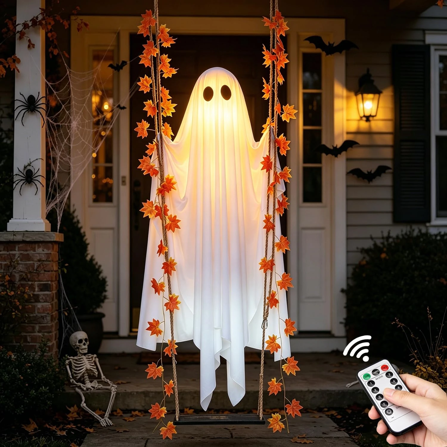Leuchtender Halloween-Hängegeist mit Einstellbarer Helligkeit, Fliegende Geister-Deko für den Garten, LED-Fernbedienung