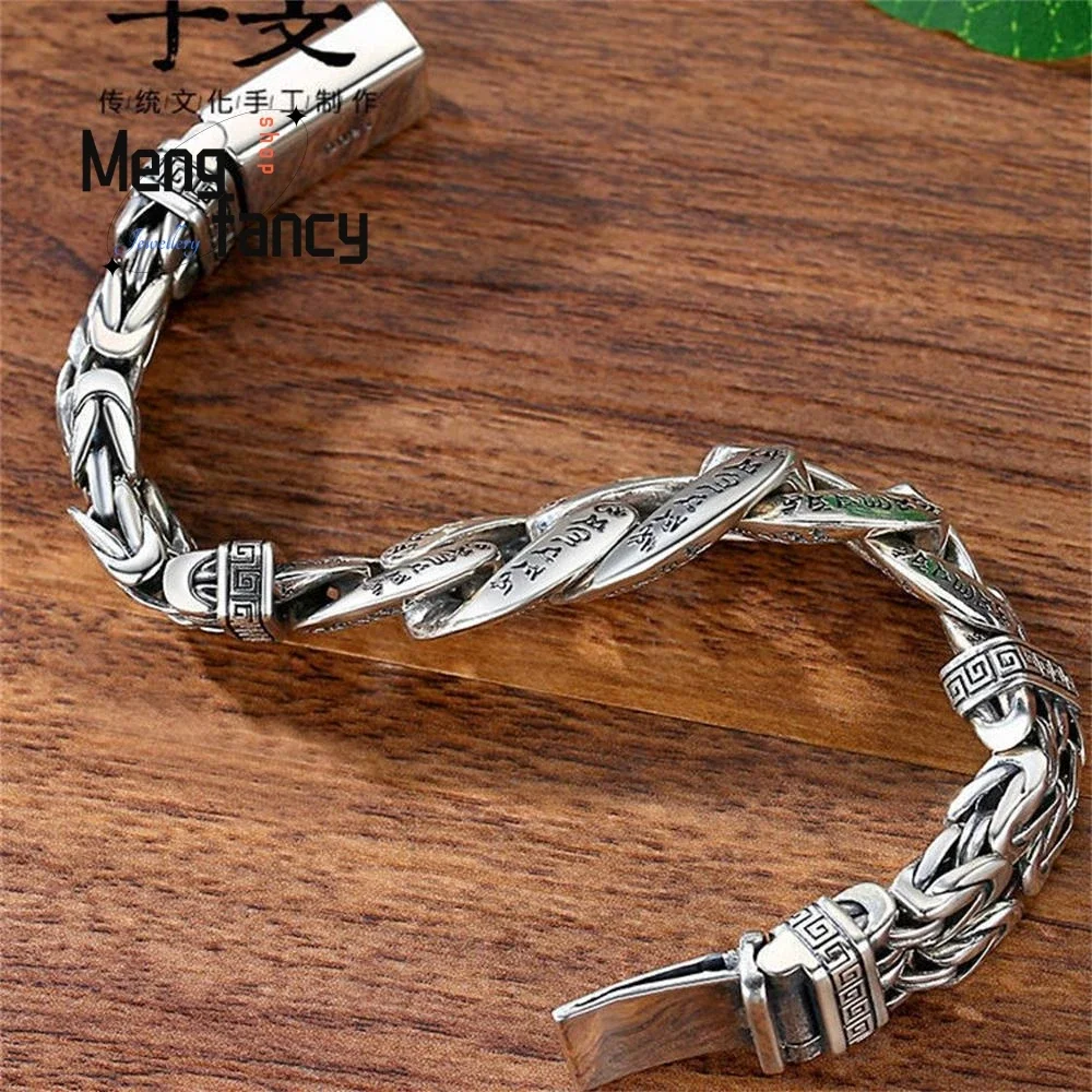 

Men's Personalized Domineering Six-word Motto Peace Pattern Transit Silver Bracelet Vintage Chain Luxury Quality Fashion Jewelry