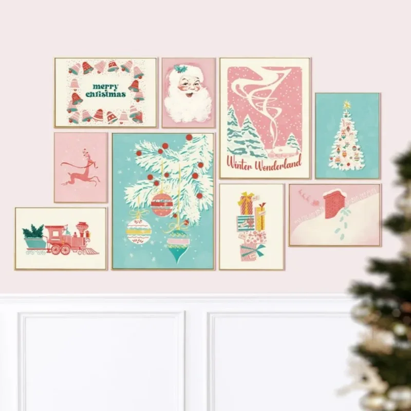 

Pink Christmas Decorative Painting Dopamine Collection Holiday Gallery Wall Art Print Poster Vintage Eclectic Canvas Painting