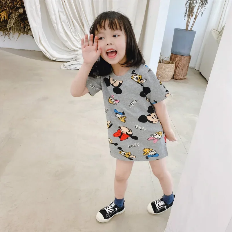 Girls Dresses Spring Autumn Cotton Cartoon Mickey Mouse Long Short Sleeve Summer T-shirt Pajama Tops Beach Party Princess Dress