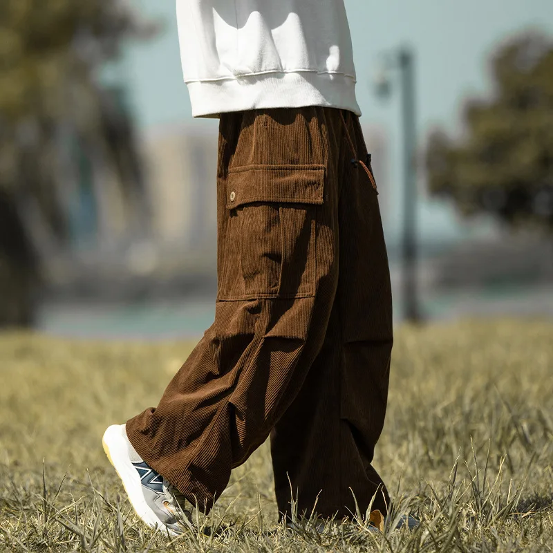 2026 Autumn Winter Men Retro Brown Corduroy Multi Pocket Workwear Pants Loose Drawstring Elastic Waist Trousers