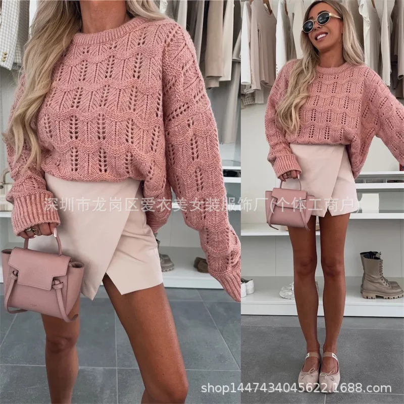 

2025 New Women Round Neck Long Sleeve Loose Pink Sweater Autumn Winter Fashion Item Multi Color Options