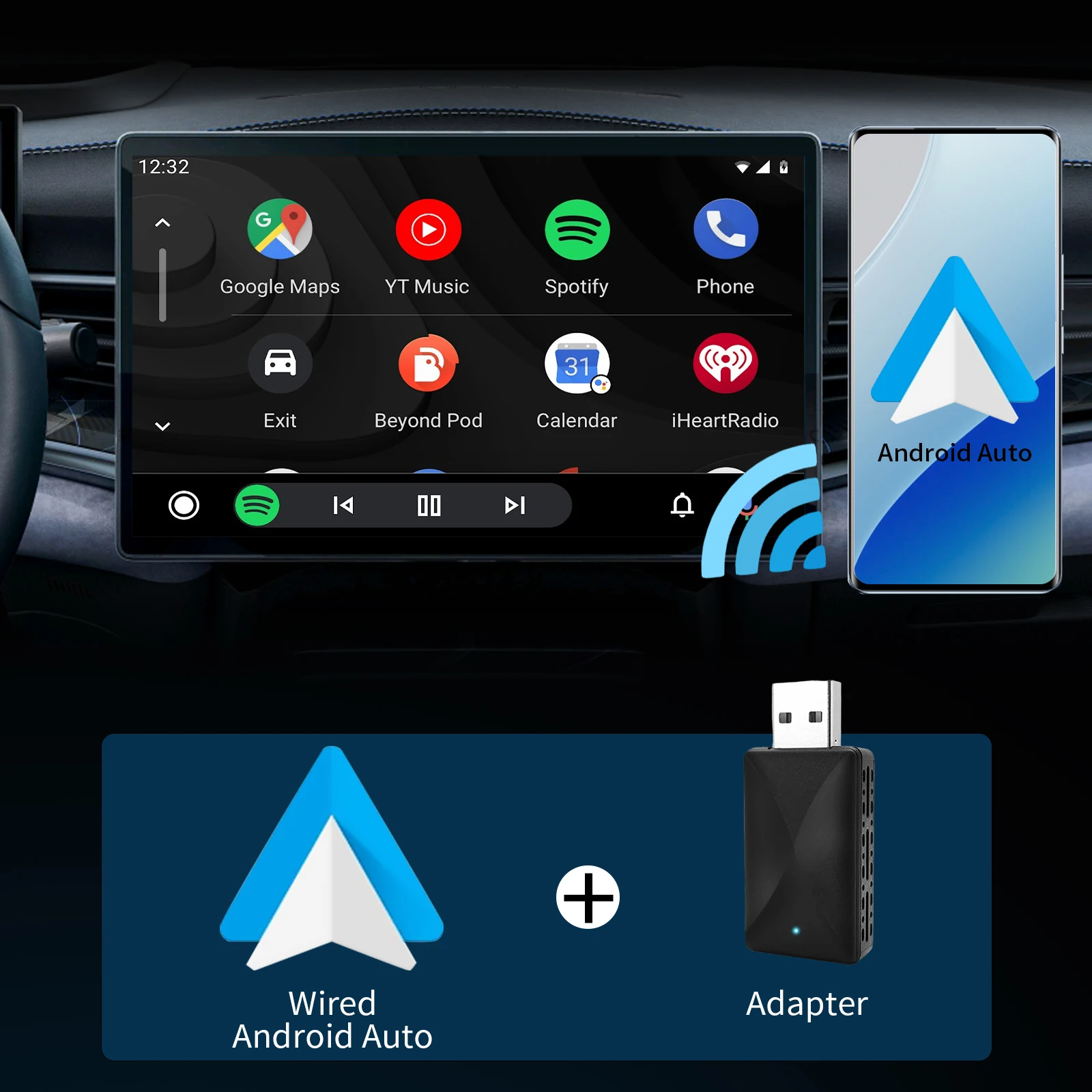 Wireless Carplay Adapter for iPhone & Android Auto 2-in-1 Plug & Play Low Delay CarPlay Wireless Adapter Make Wired to Wireless