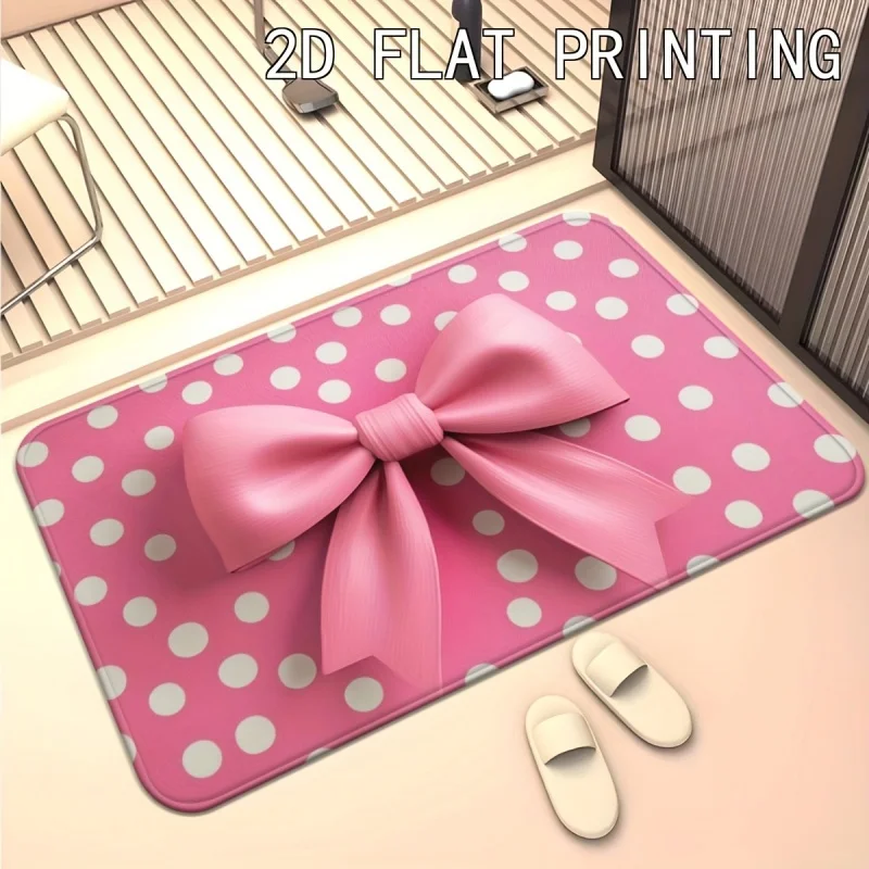 Polka Dot Big Bow Cute Print Soft Flannel Non Slip Door Mat Absorbent Girly Doormat for Girls Bedroom Bathroom Entrance Decor