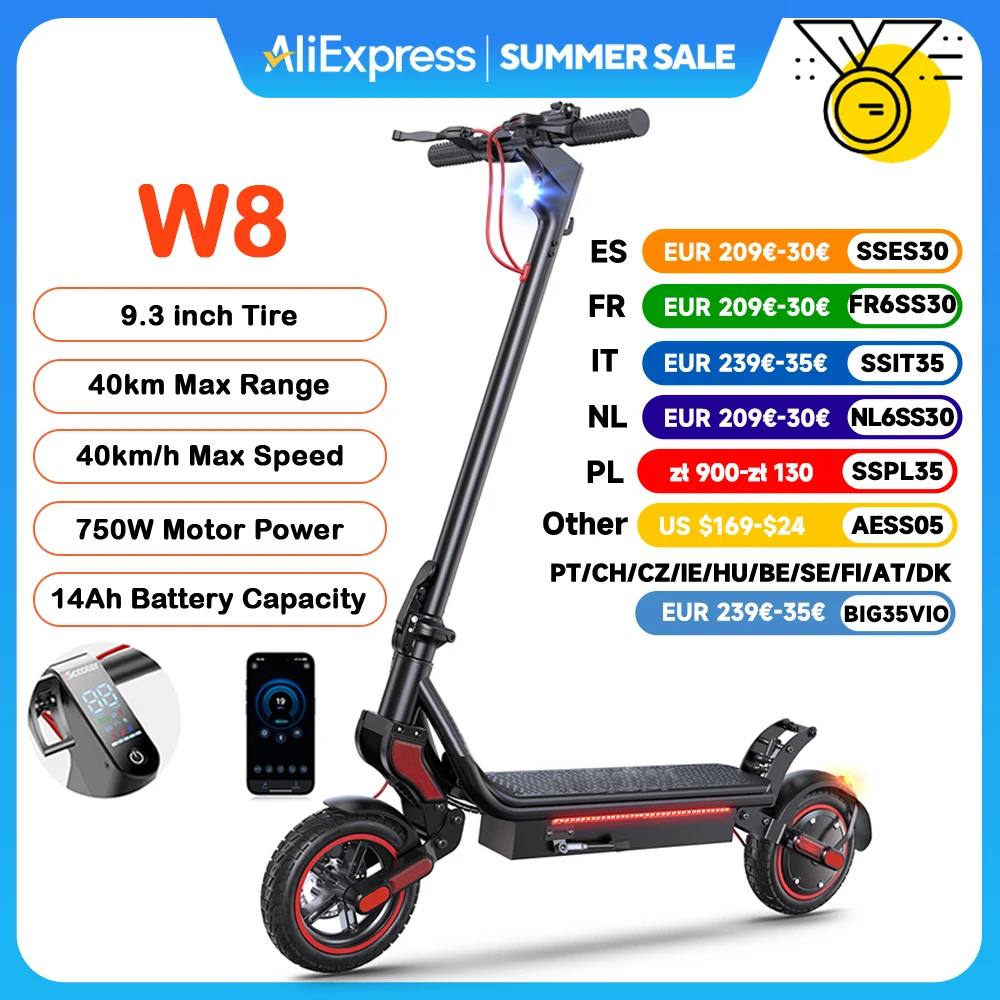 W8 Scooter électrique 9.3 pouces 750W moteur 48V14Ah double Suspension 30-40km portée 40 km/h vitesse hors route pneus avec APP E Scooters