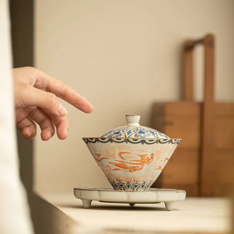 Jingdezhen Ceramics Rubbing Kweichow Moutai Dunhuang Tureen Kung Fu Tea Set Teacup Bamboo Hat Horseshoe Gaiwan Set, Covered Bowl