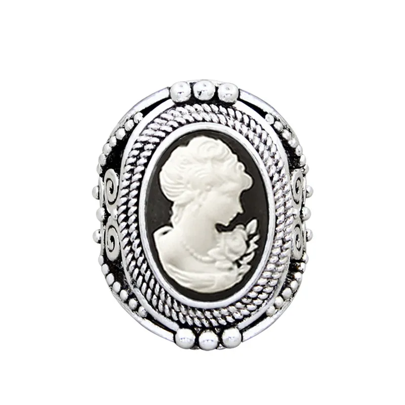 Oval Lady Queen Cameo Rings For Women Vintage Hollow Flower Rings Antique Silver Plated Cocktail Party Fashion Jewelry