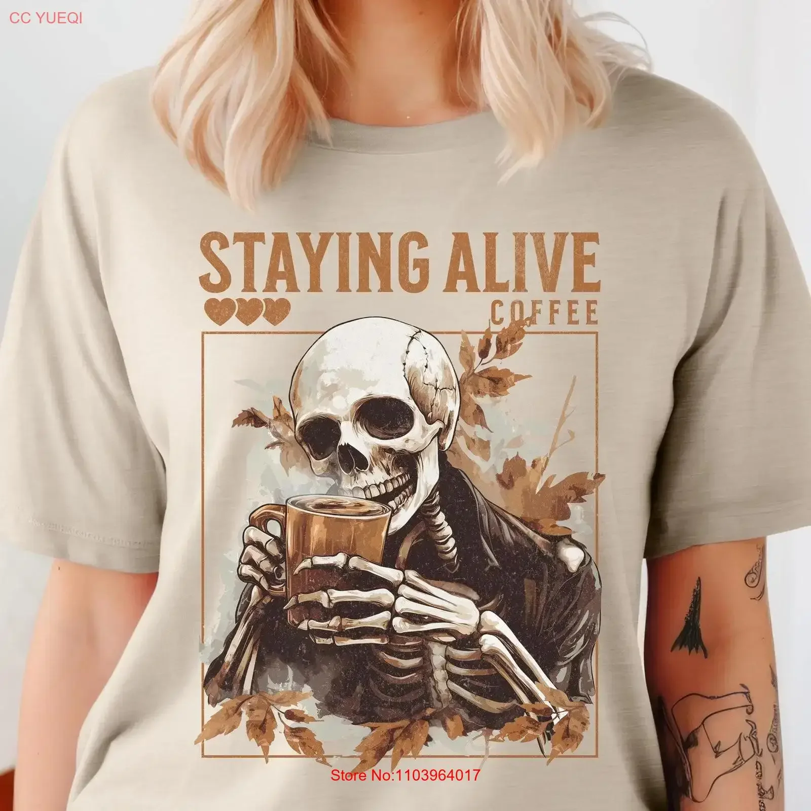 Футболка со скелетом «Staying live», забавная винтажная стильная универсальная мужская футболка с изображением кофе для повседневной носки