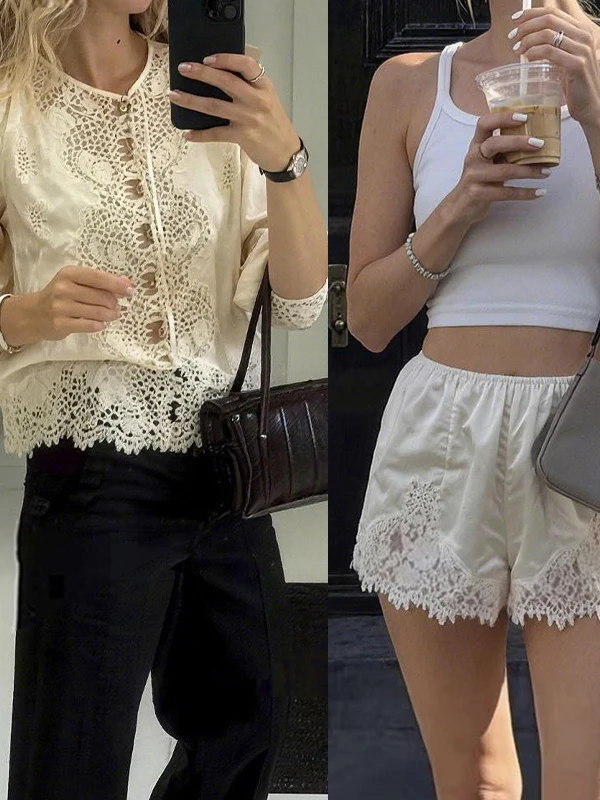 

Elegant Silk Shirt And Shorts Set Women's Skin-friendly Lace Tie Blouse Knot Straight Cut French Style Spring Summer