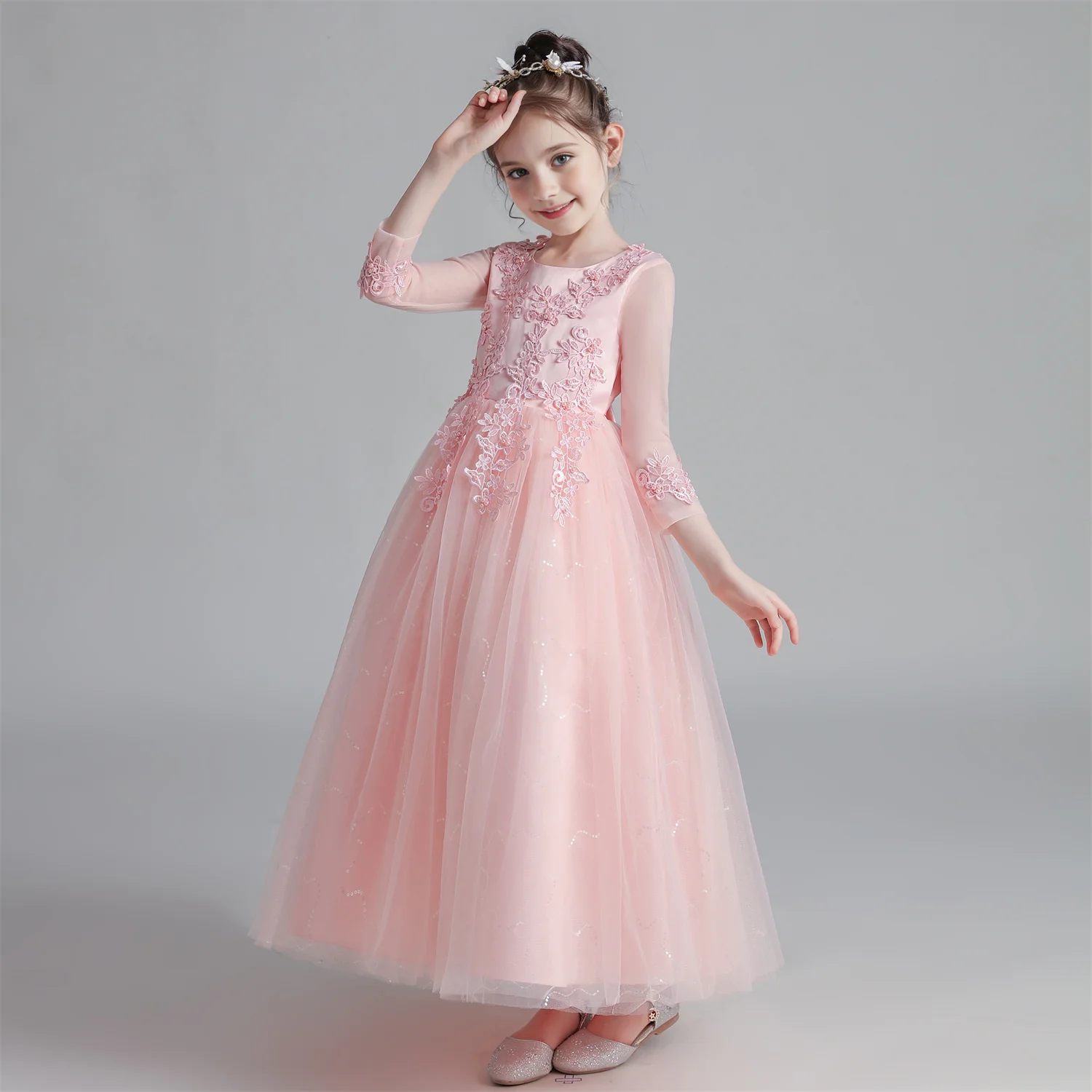 CW683 Princess Dress Girls' Pengpeng Yarn Spring/Summer New Long Sleeve Fashionable Children's Performance