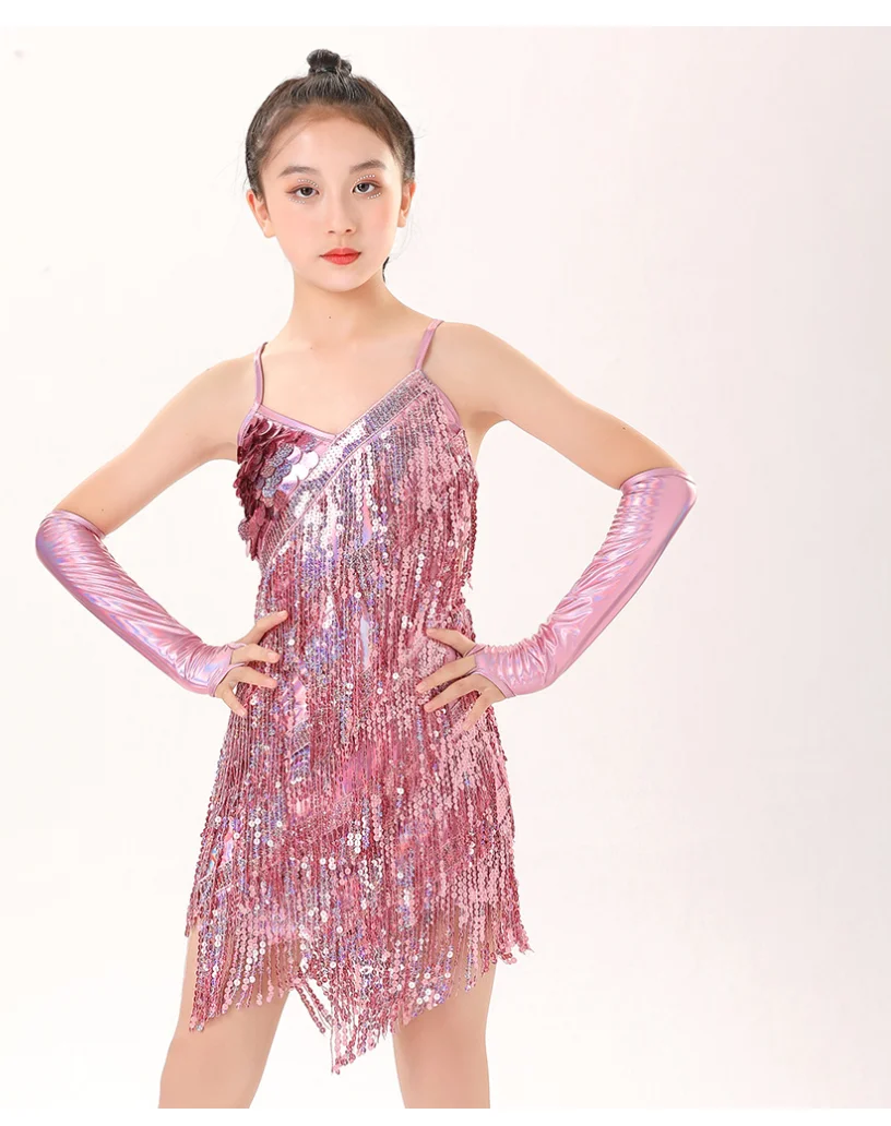 1pcs/lot children sequin latin dress kid sexy halter tassel latin dress girls ballroom dancing dress 4colors