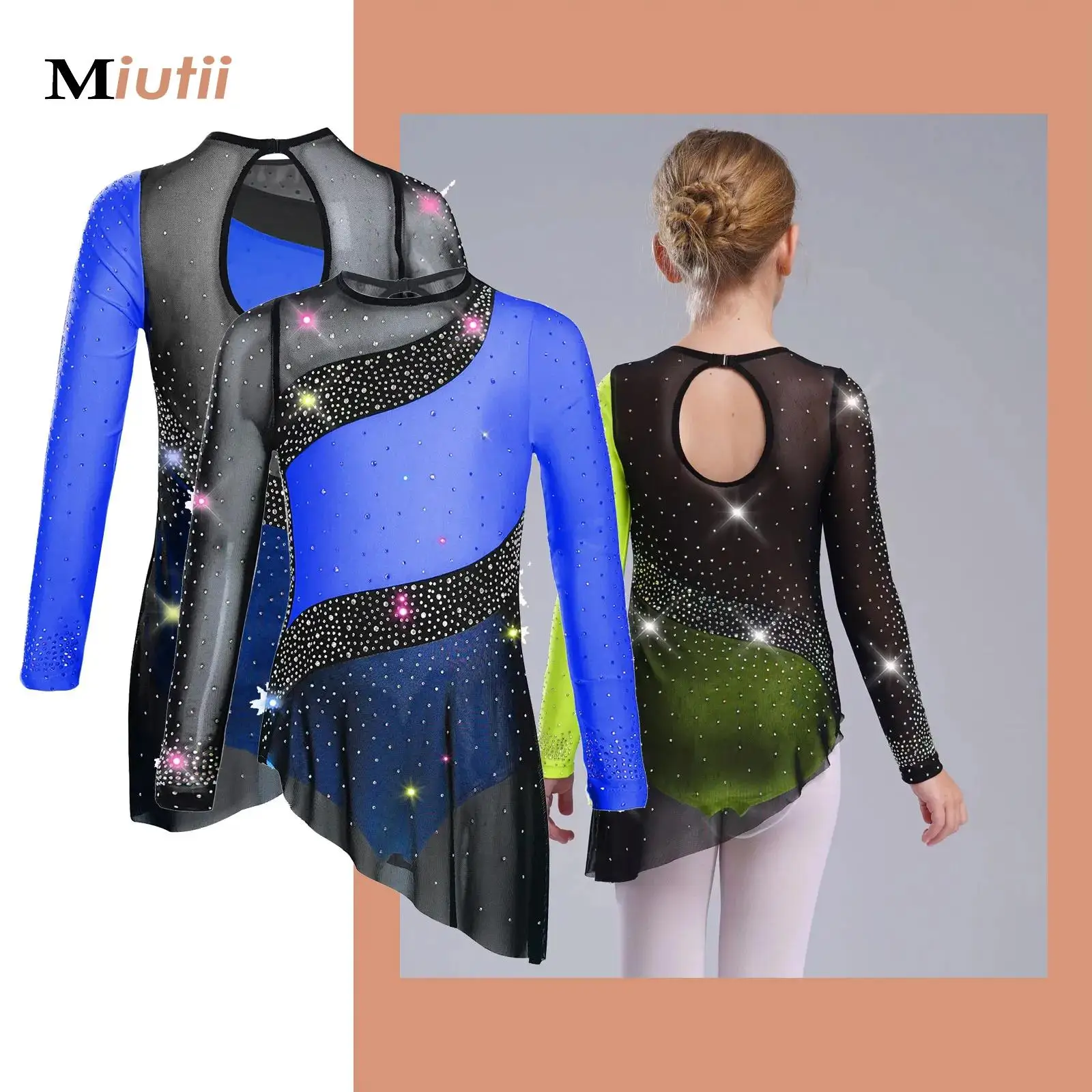 

Girls Sheer Mesh Ballet Figure Skating Dress Rhinestone Gymnastics Leotard Long Sleeve Sheer Mesh Competition Dance Costume