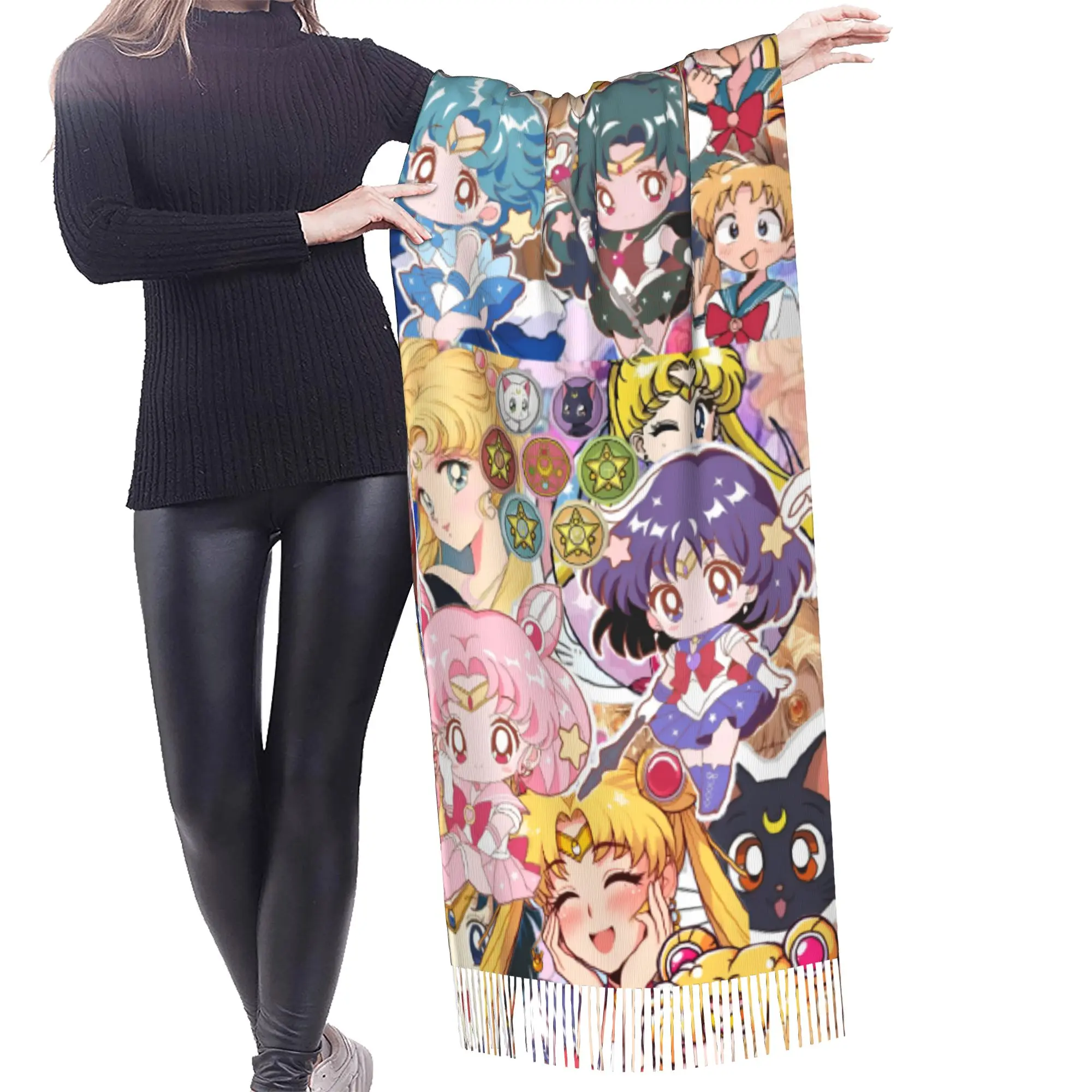 Customized Printed Sailored Anime Mooned Scarf Women Men Winter Fall Warm Scarves Usagi Tsukino Shawls Wraps