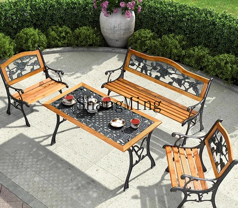 مسند ظهر خشبي CL، مقعد طويل، طاولة وكرسي للترفيه في الهواء الطلق #6