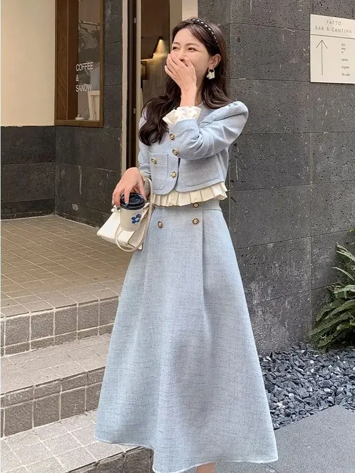 Suit Short Long-Sleeved Jacket + Skirt Little Fragrance Blue 2024 Fall Two Piece Sets For Women Royal Sister Sense Of Luxury