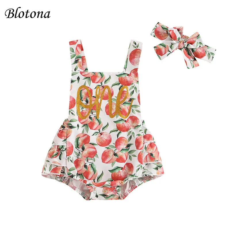 

Blotona Baby Girl 1st Birthday Outfits Peach Letter Print Suspender Jumpsuit Sleeveless Overalls with Headband