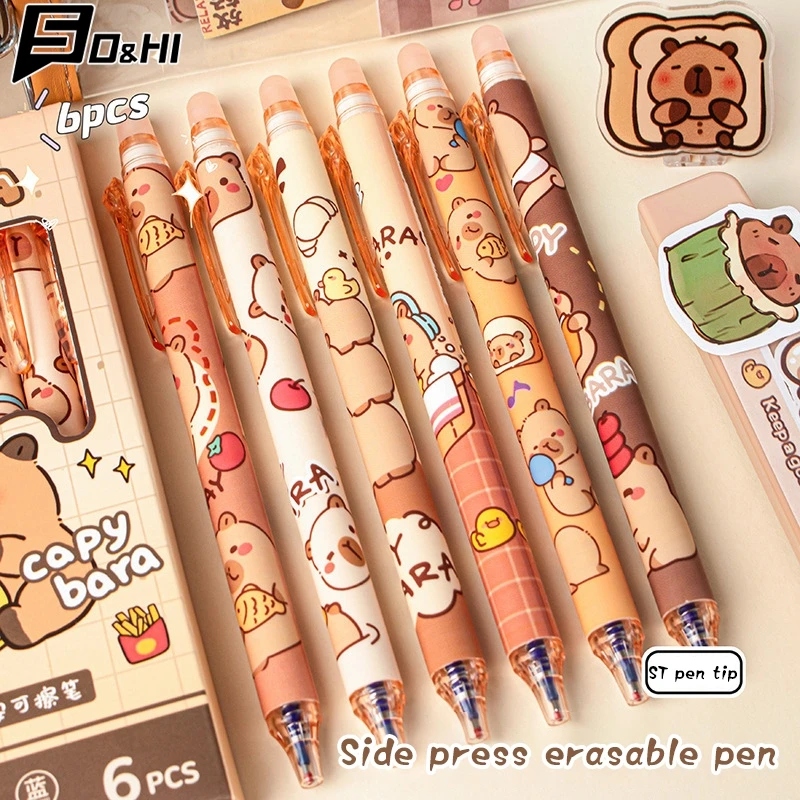 Capybara-Stylos gel bleus effaçables à séchage rapide, ensemble de stylos mignons, fournitures scolaires de bureau, papeterie esthétique Kawaii, 6 pièces