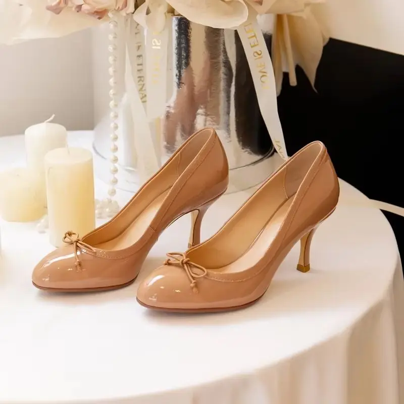 

Women Pumps Dress Shoes Thin Heel Ballet Elegant Woman Cow Leather Bowtie Shoes Round Toe Party Retro Spring Nude Shoes