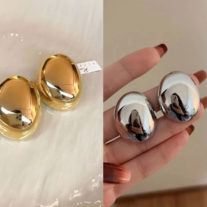 Punk Fashion Metal Smooth Big Oval Stud Earrings for Women Exaggerated Hollow Ball Geometric Drop Earring Jewelry Gift