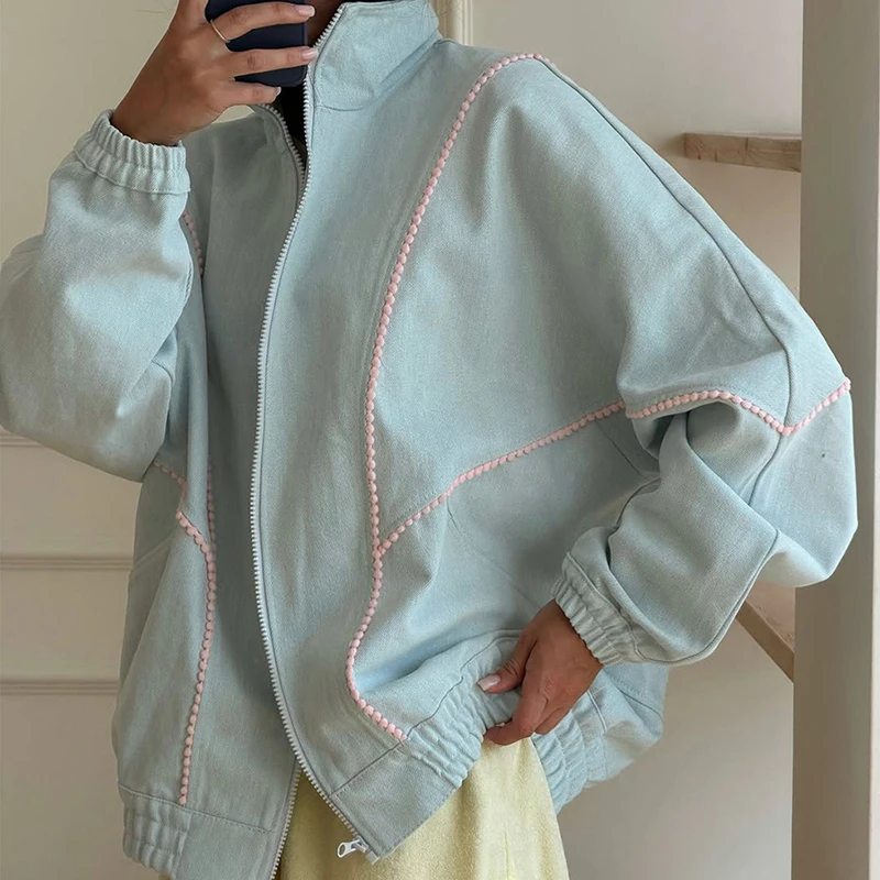 Women's Stand Collar Zip Bomber Jacket Long Sleeve Pom Pom Trim Pockets Loose Solid Fashion Streetwear Autumn Spring Coat
