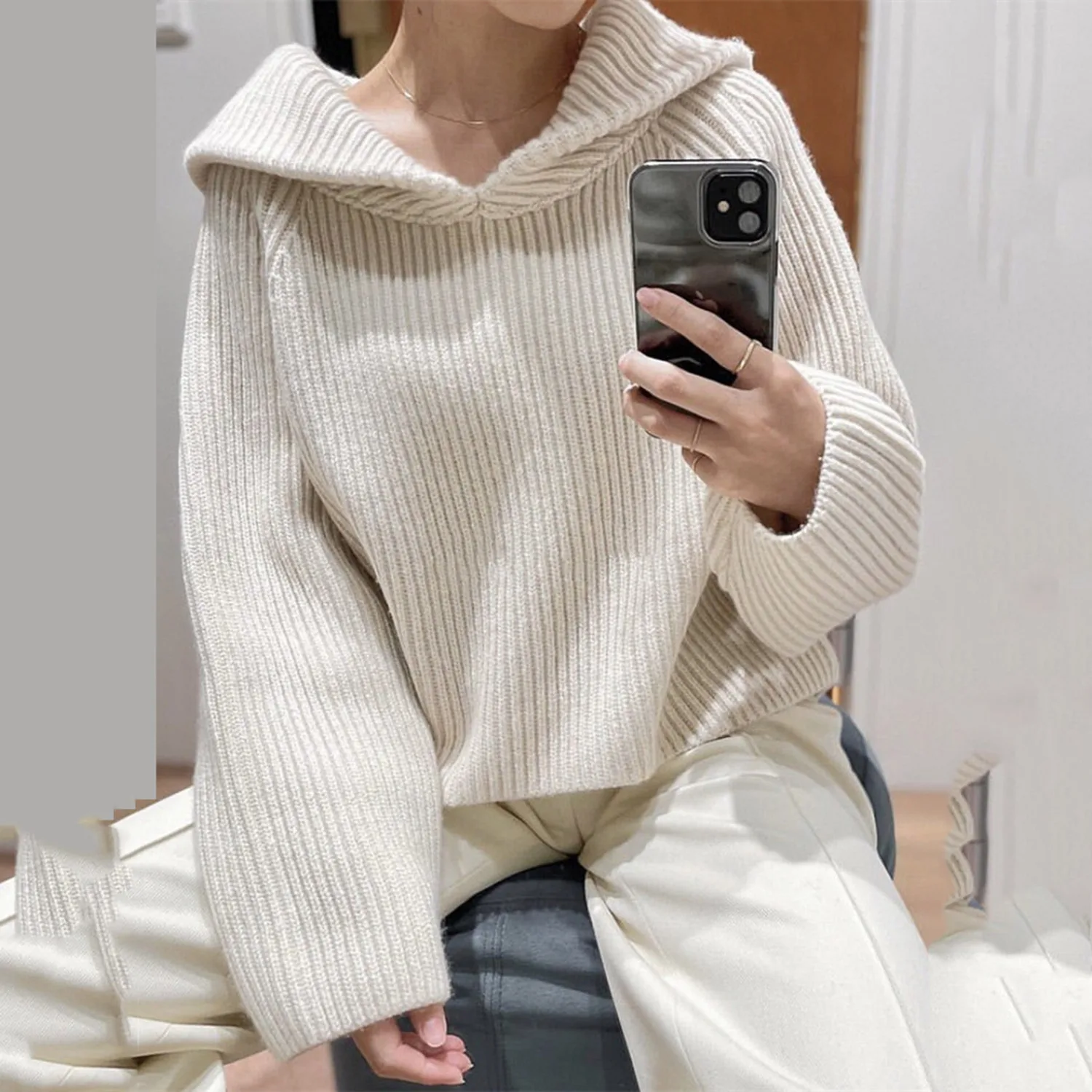 Women\'s Sweater KH* Fall And Winter Thickened Large Lapel Knit Sweater Lazy Loose Pullover Wool Sweater Design Sense Of Tops