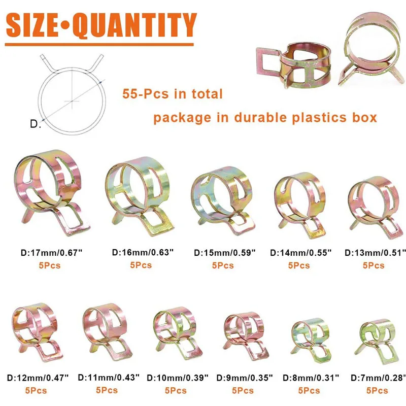 55PCS/Set 7-17mm Spring Hose Pipe Clamps Zinc Plated Pipe Hoop Clamp Low Pressure Air Clip Clamps Fasteners Assortment Kit