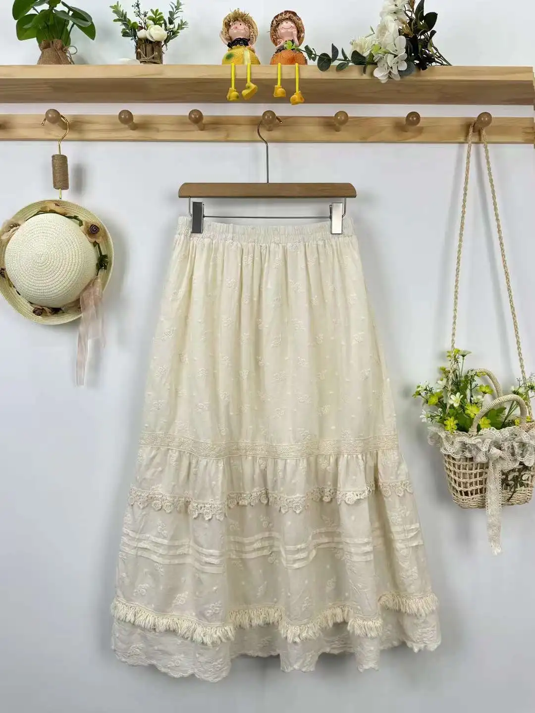 New Summer Cotton Sweet Skirts Women Elastic Waist Embroidery Skirt Mori Girl French Japan Style Skirt 2024 Autumn B47611QC