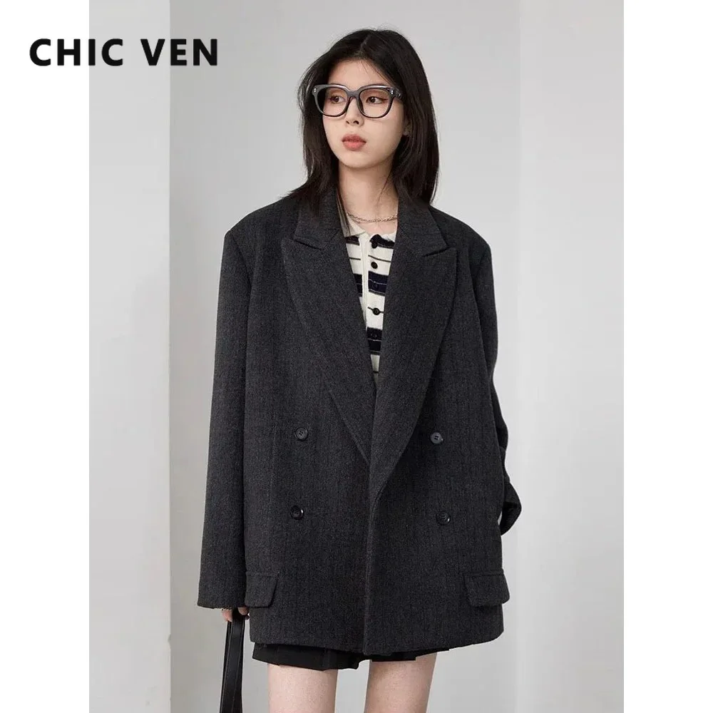 CHIC VEN Women Woolen Blazers Casual Office Lady Loose Wide Shoulder Suit Fashion Retro Stripe Coat Spring Autumn New 2025