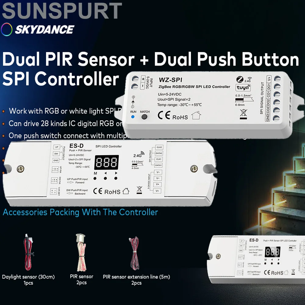 5Skydance PIR Sensor Stair Light Controller Dual Push Button SPI dimmer For RGB/white 2812 9822 2811 addressable LED strip 5-24V