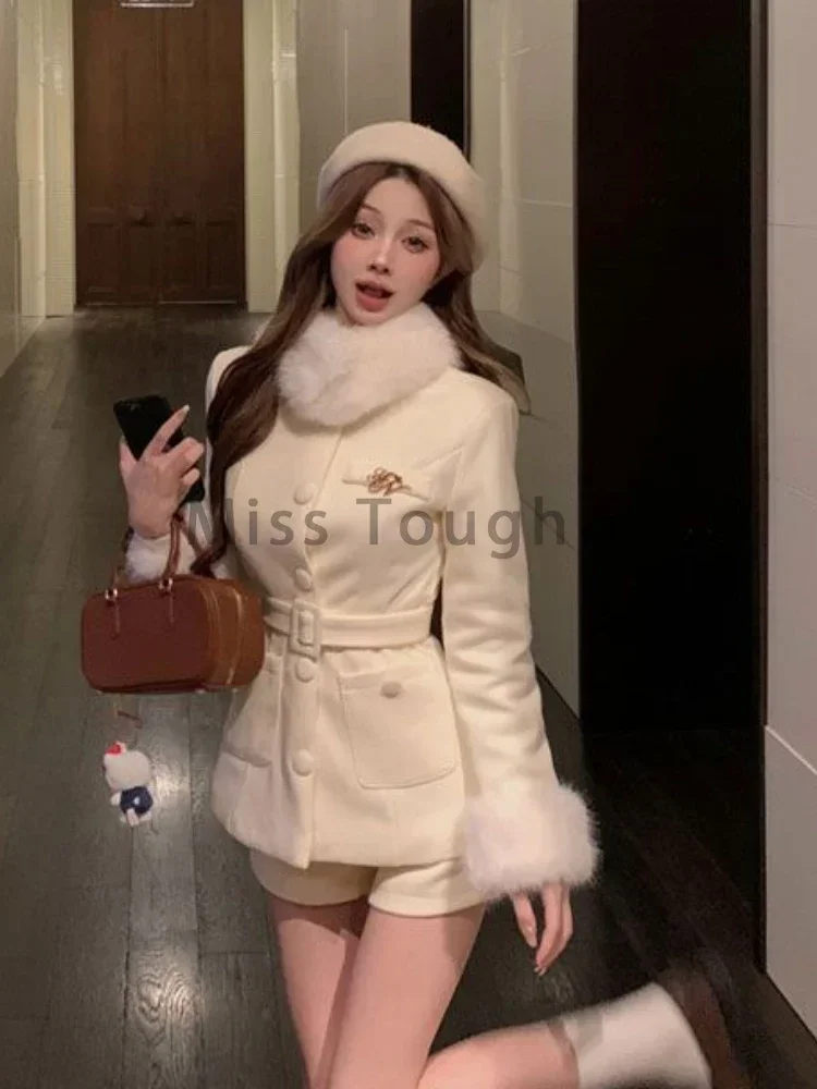 Creamy Collar Woolen Coat Collegiate Suit Women Elegant Warm Coat + High Waisted Shorts Autumn Winter Sweet Two Piece Set 2024