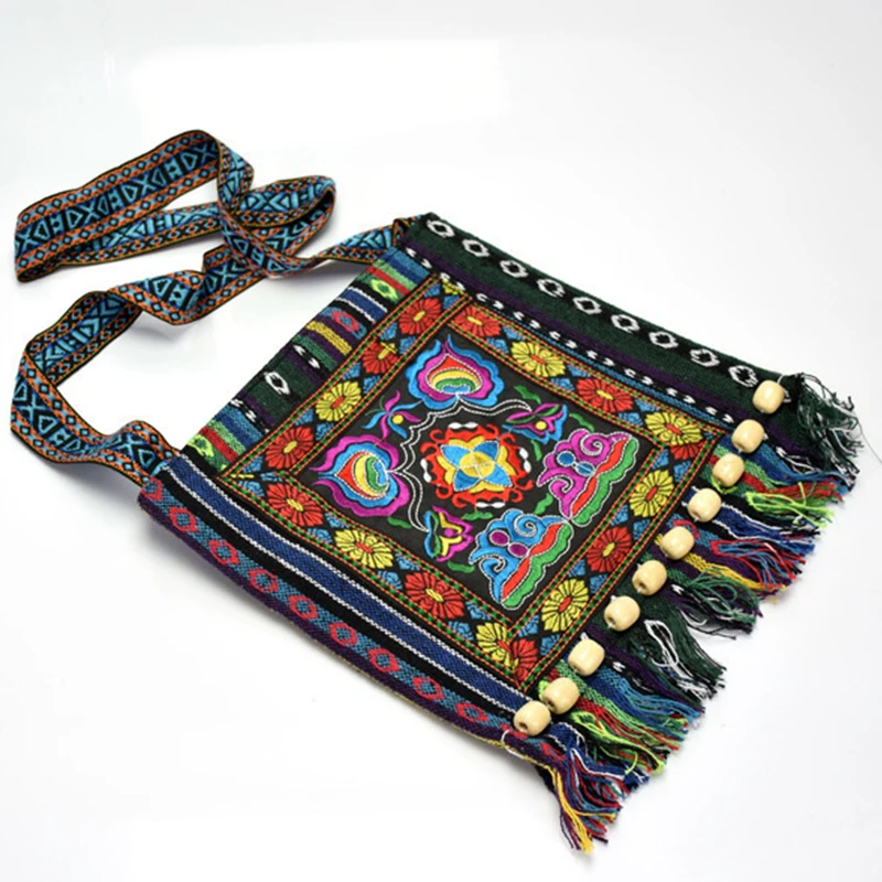 Hmong Vintage Ethnic Shoulder Bag Embroidery Boho Hippie Tassel Tote Messenger