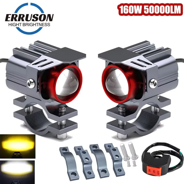 Reflektory motocyklowe LED Erruson 160W 50000LM, super jasne światła punktowe, światła drogowe i mijania, dwukolorowe biało-żółte światła punktowe, 12V