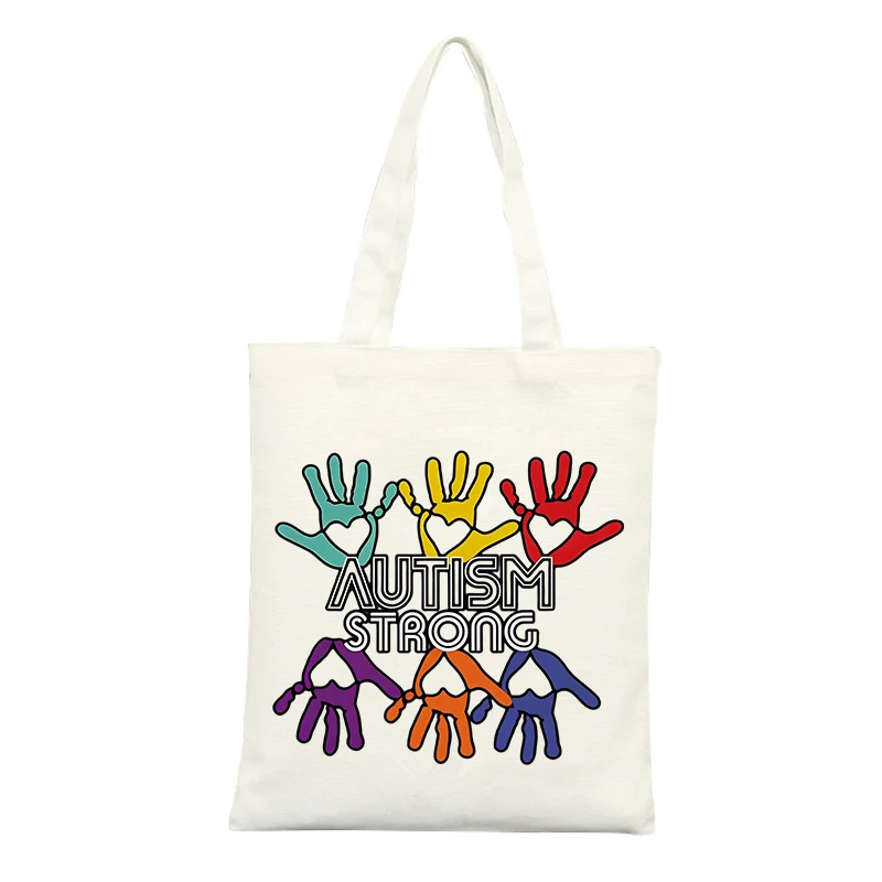 Canvas Tote Bag with Colorful Hand and Heart Graphics, Ideal for Casual Daily Use and Autism Awareness Events