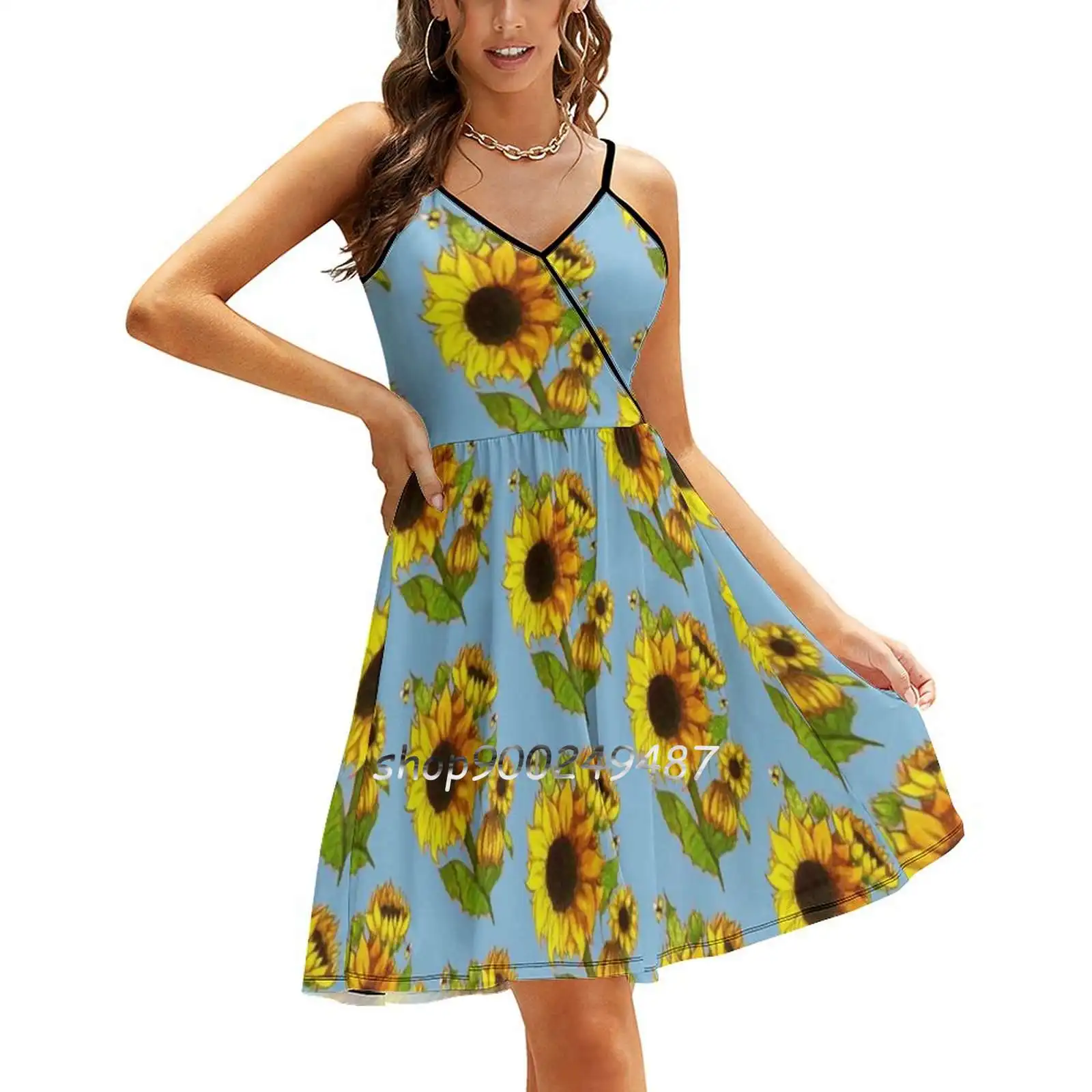 

Sunflowers New Summer Cut Sexy Dresses Ladies Club Wear Party Sundresses Sunflowers Floral Yellow Summer Bees Natural Vintage