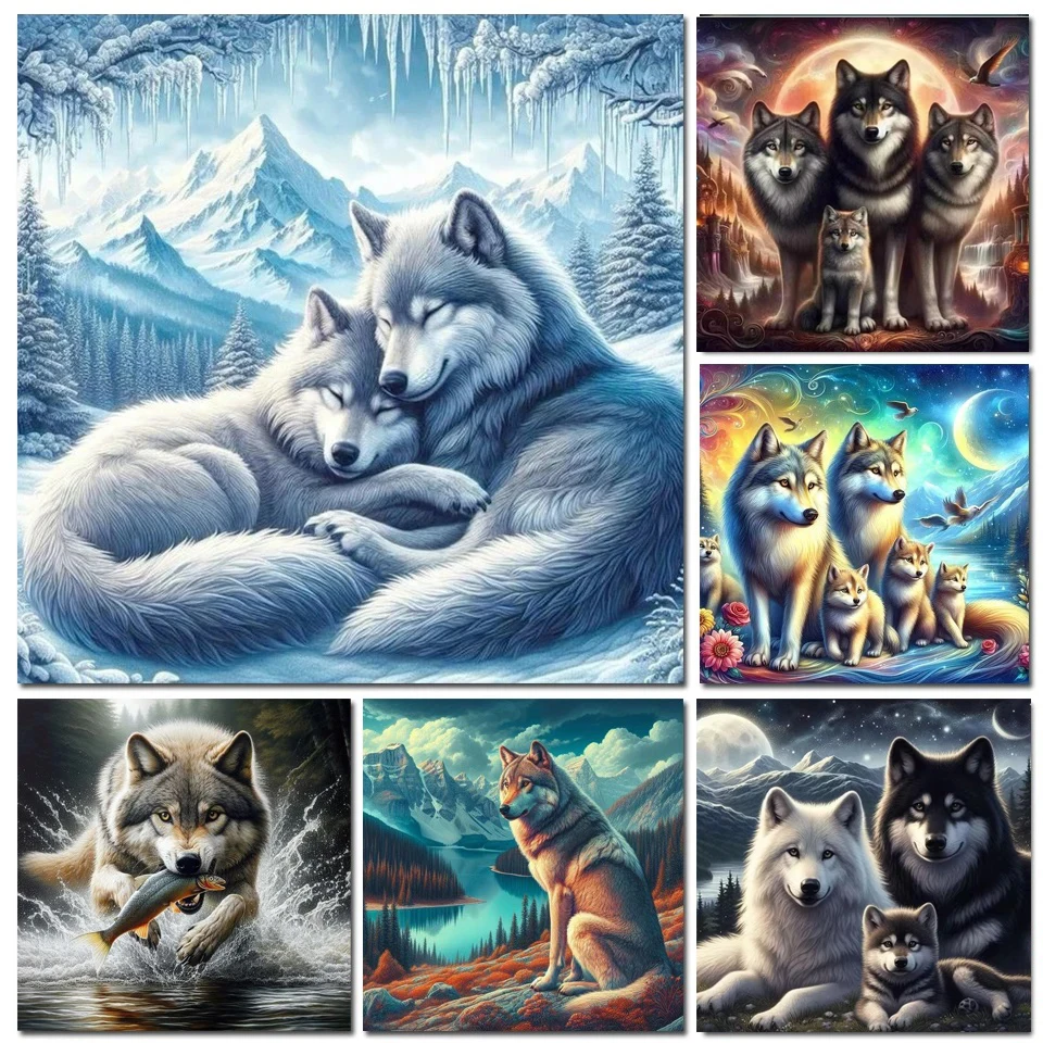 5D DIY Diamond Painting Animal Snow Wolf Family Diamond Mosaic Rhinestone Embroidery Full Square Round Diamond Cross Stitch