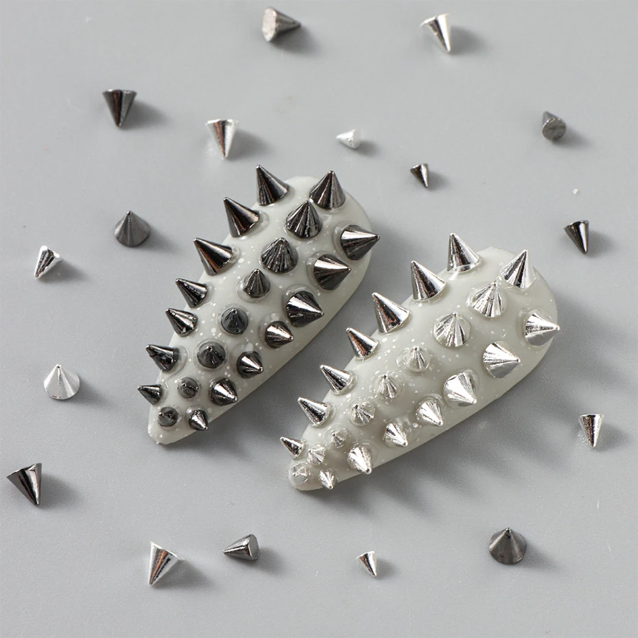 6 compartimentos de tachuelas metálicas punk para uñas, color dorado/plata/negro, conos y púas, joyas de arte de uñas, tachuelas mini de aleación 4
