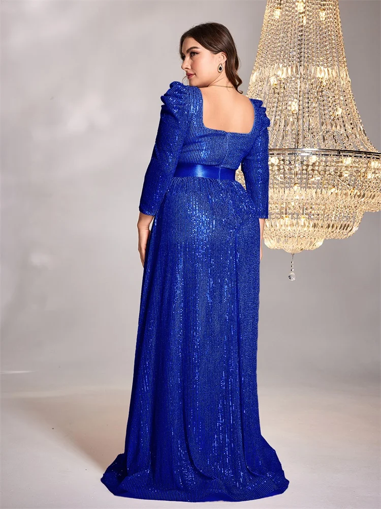 Gaun malam payet lengan panjang leher V Royal Blue Backless mewah ukuran Plus gaun malam wanita 2024 pesta gaun Maxi Cocktail Prom