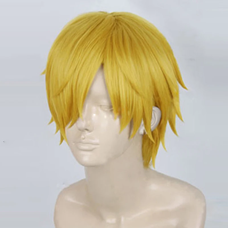 High Quality Anime Sanji Cosplay Wig Sanji Wig Short Straight Golden Yellow Heat Resistant Synthetic Hair Wigs + Wig Cap