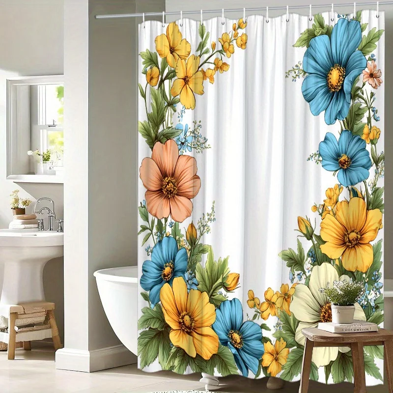 

1 занавеска для душа с яркими цветочными цветами синего, желтого и оранжевого цвета — с крючками, полиэфирная ткань, легко чистится.