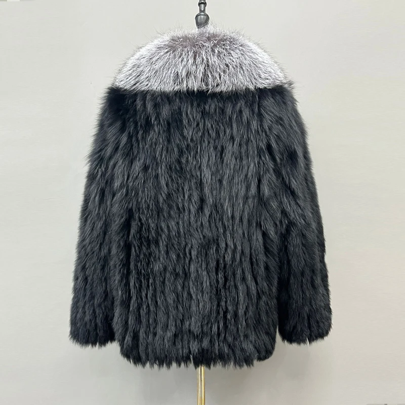 2024 Winter Real Fox Fur Knitted Coats Lady Fashion Luxury Natural Fur Jackets with Big Silver Collar