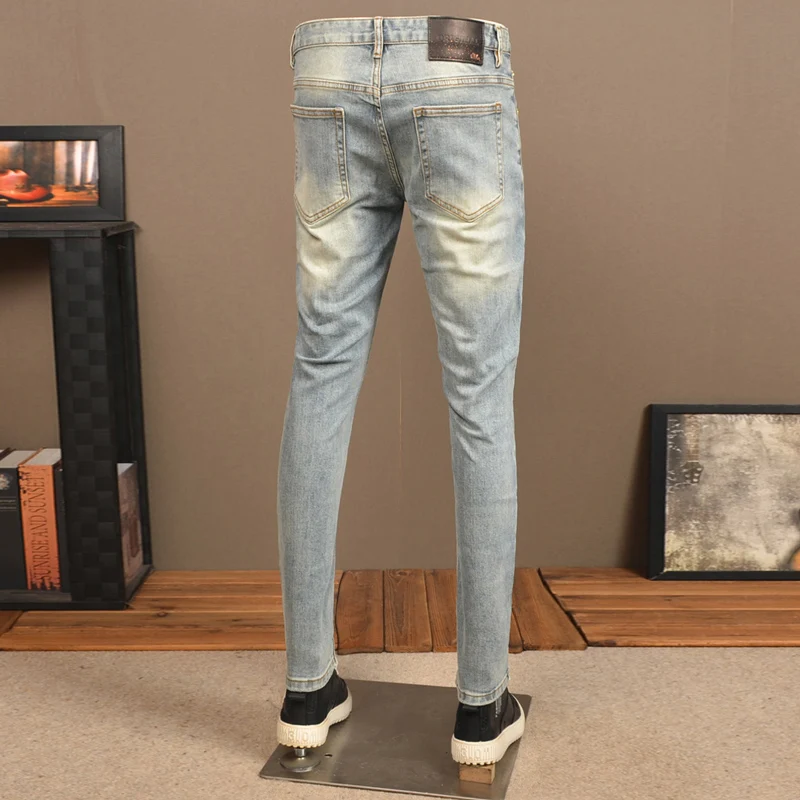 Calças de lápis retrô jeans stretch lavadas masculinas, jeans skinny, designer vintage rasgado pintado, hip hop, moda de rua