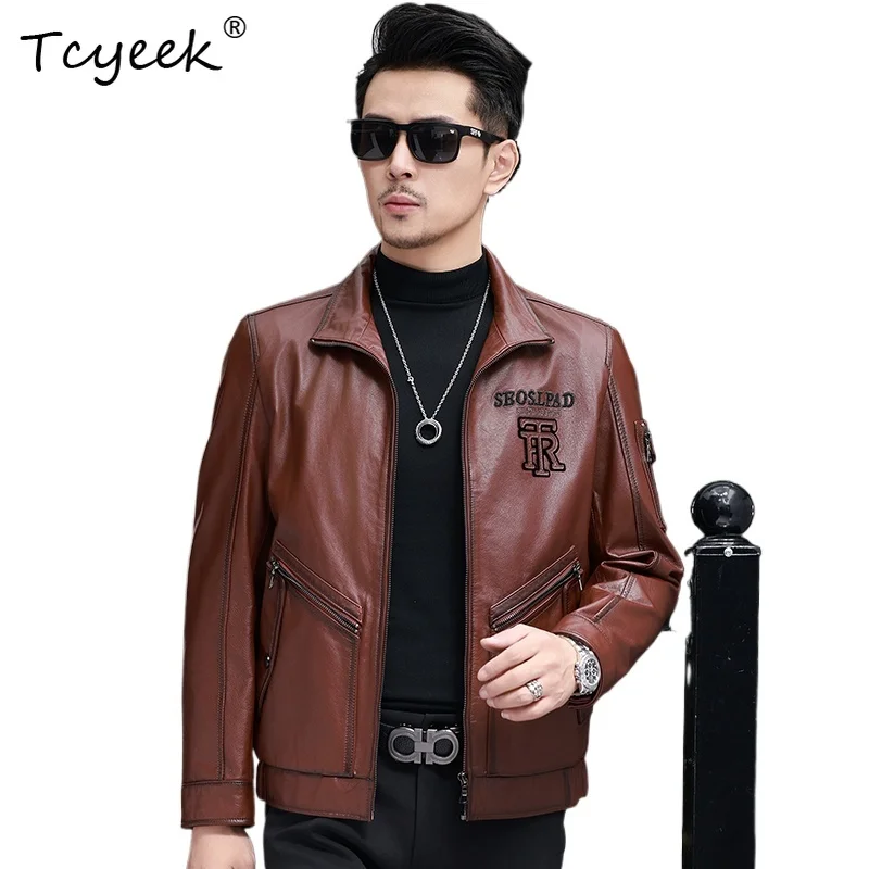 

Tcyeek Top Layer Cowskin Spring Autumn High End Trendy Lapel Short Men's Genuine Leather Jacket Куртка Кожаная Мужская 가죽 자켓