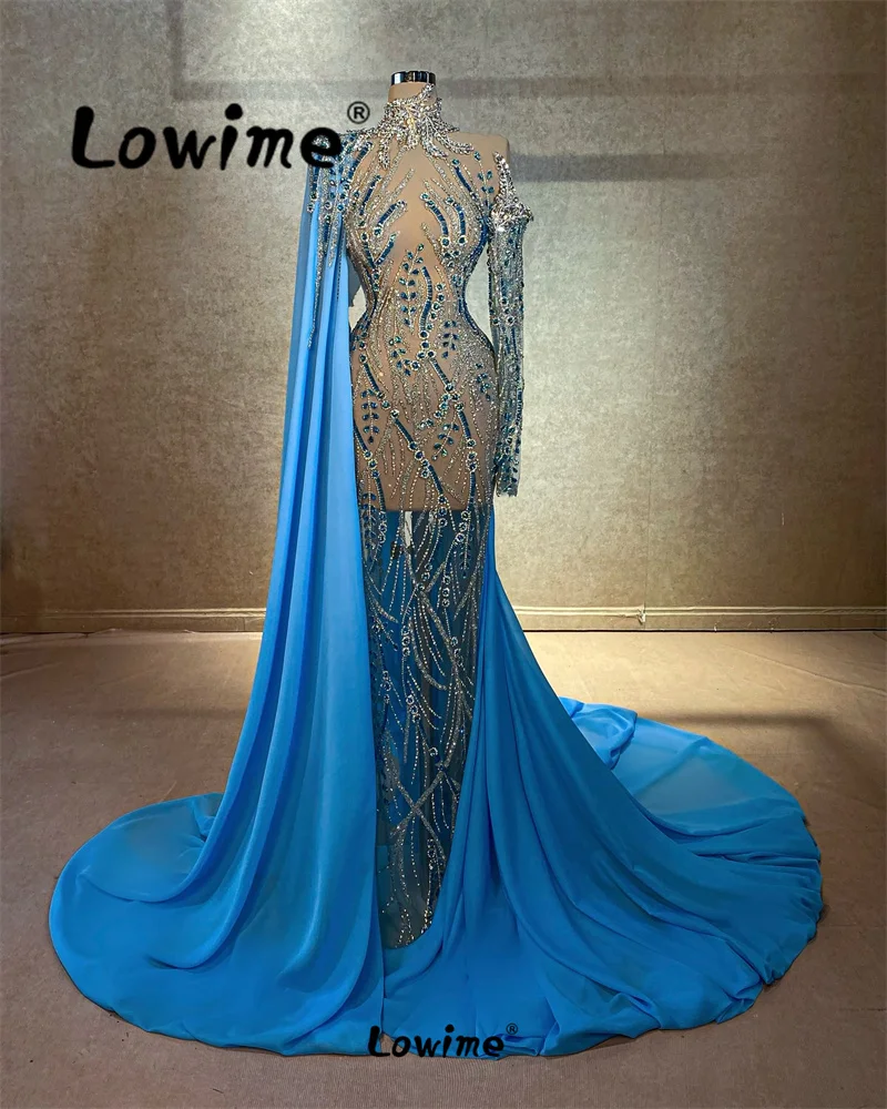 Lowime Two Designs Blue Cape Sleeves Evening Dresses 2024 Robe De Soiree See Through Long Prom Dress Crystal Aso Ebi Party Gowns