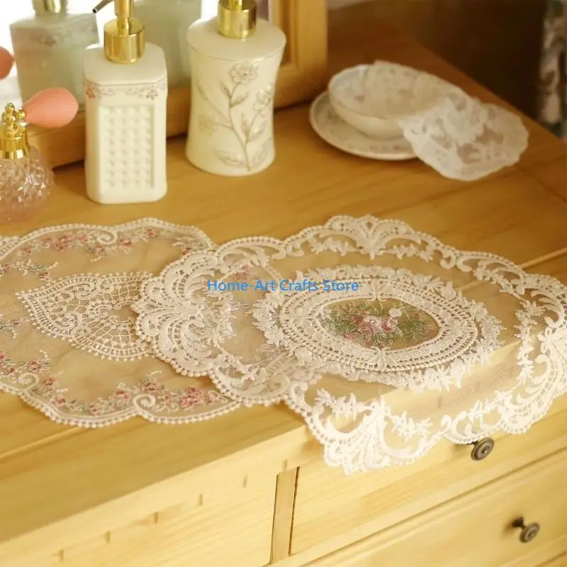 Y3NA Retro Oval Lace Table Cloth Placemat Kitchen Cup Christmas Decor Household