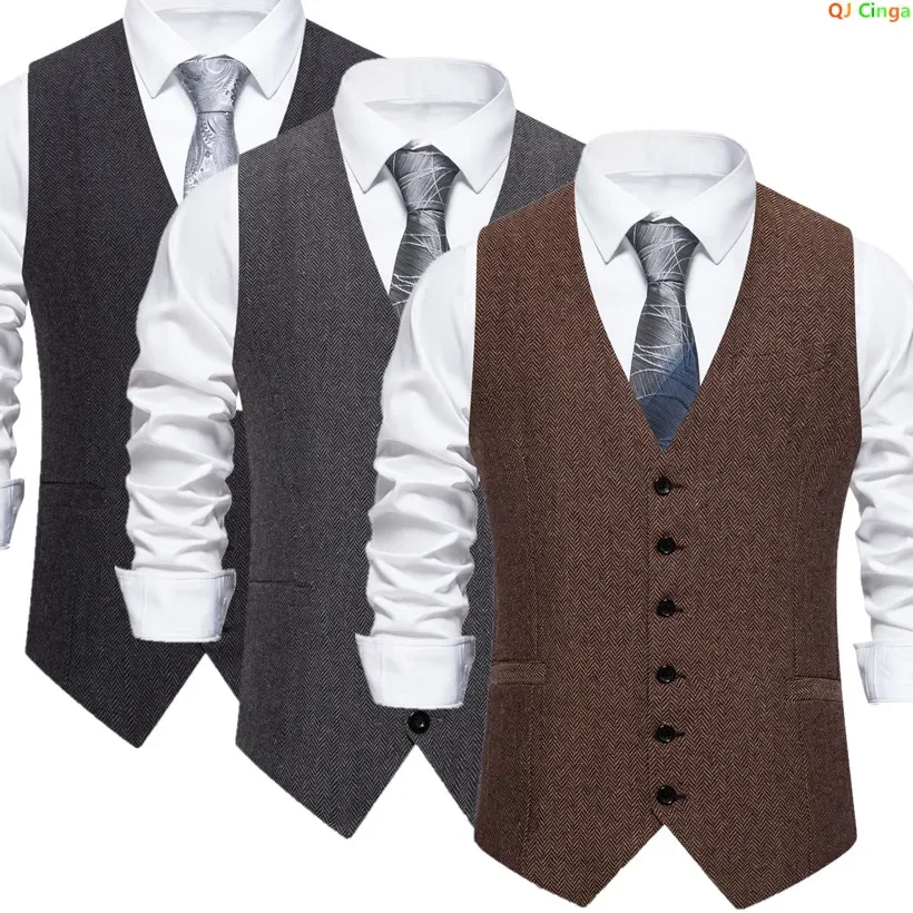 

Brown Herringbone Fabric Men's Suit Vest, Single Breasted V-Neck Sleeveless Vests Jacket, Business/Wedding/Party Tops Waistcoat